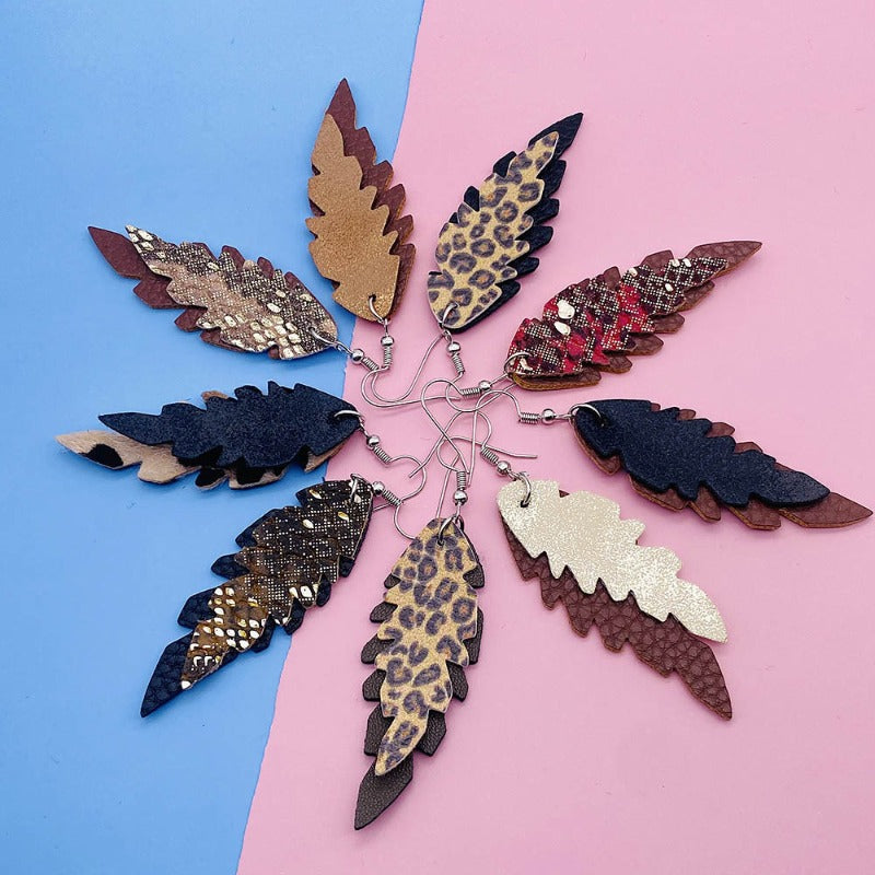 Wholesale Leopard Print Leaf Shaped Leather Earrings